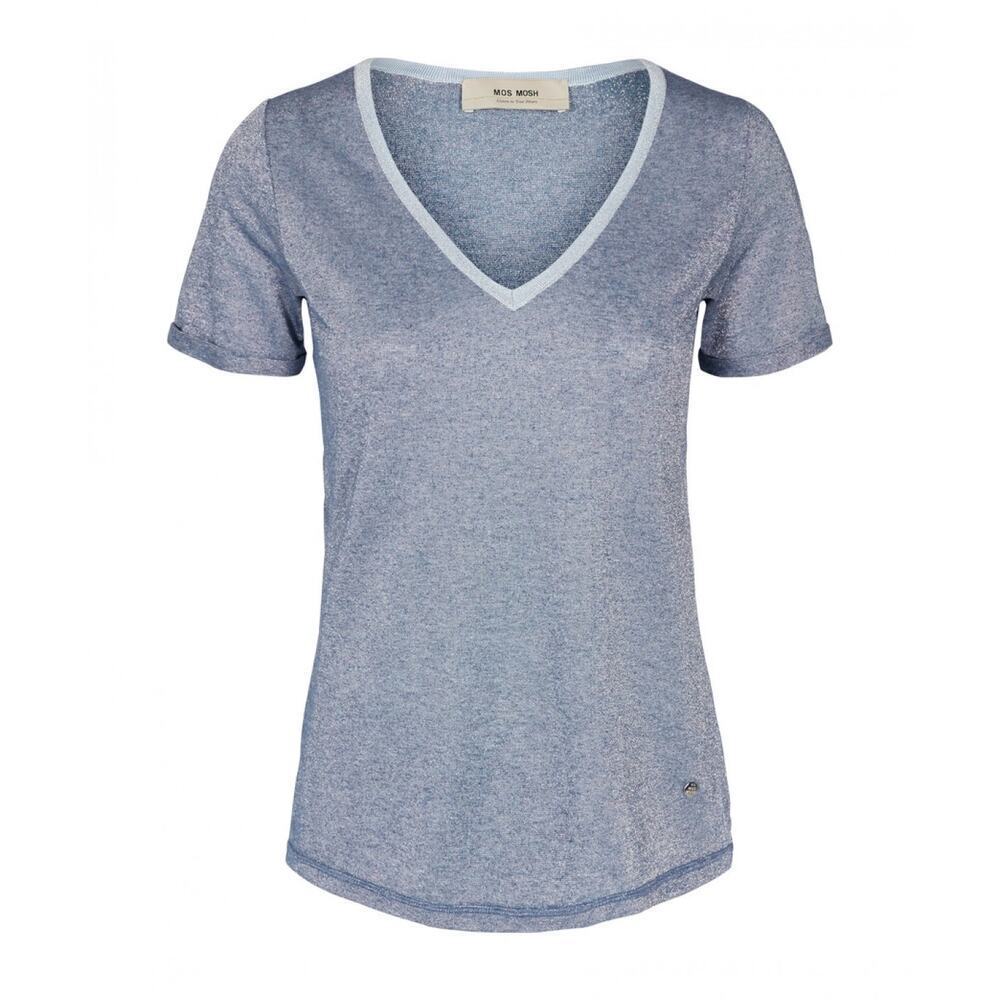 Mos Mosh Casio Blue Sparkly V-Neck Short Sleeve Top Sz M